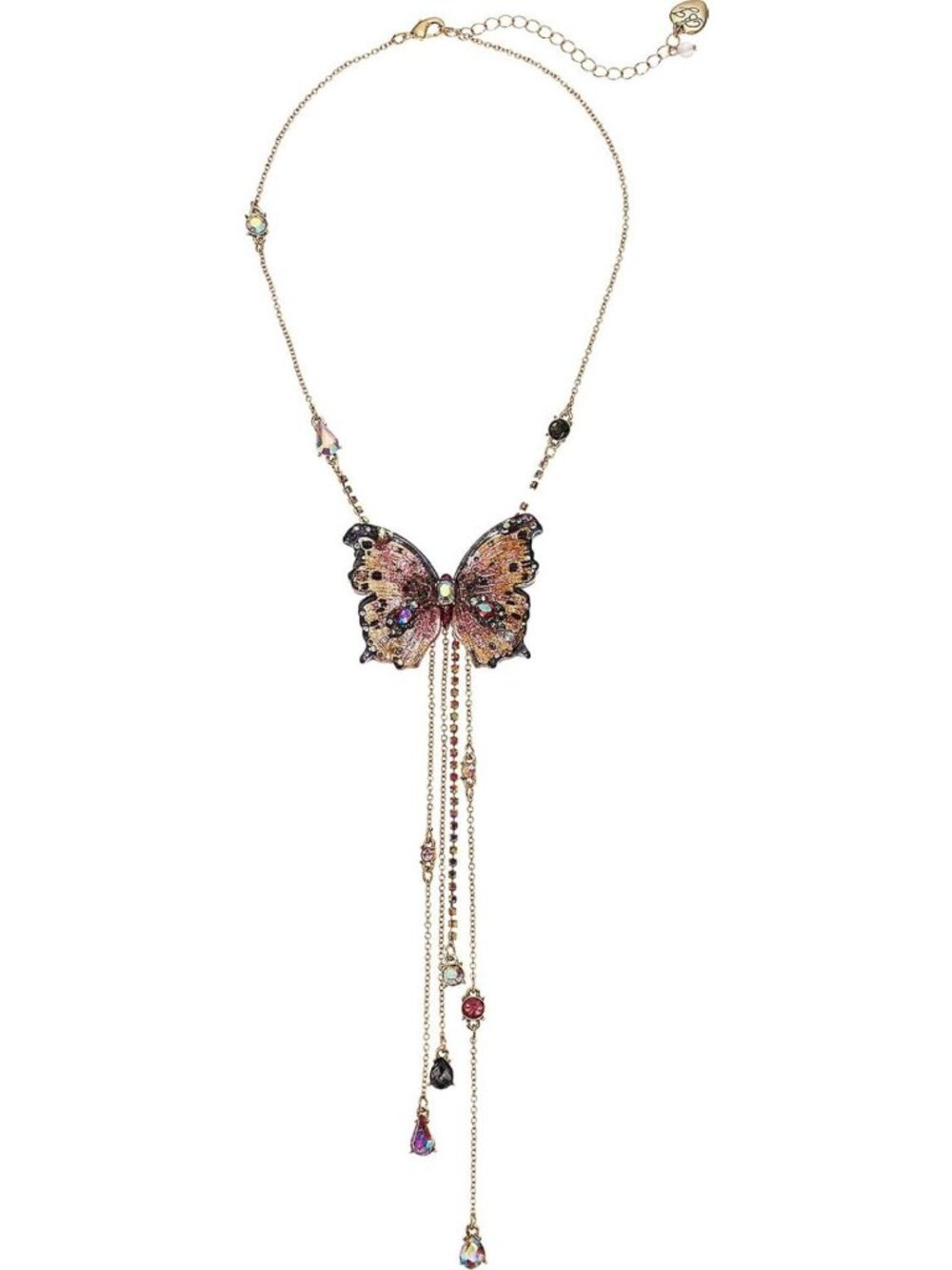 Elegant Pink & Gold Butterfly Linear Necklace | Statement Jewelry, One Size